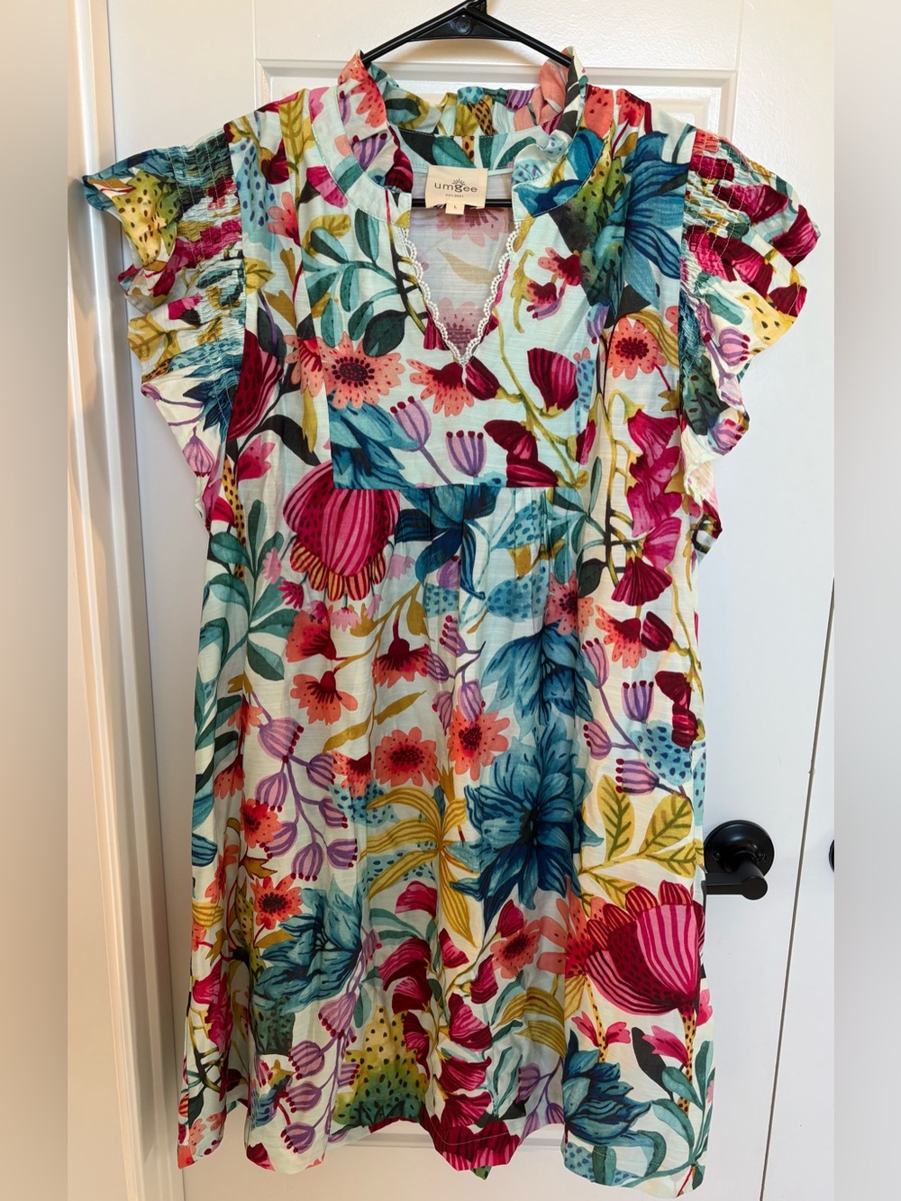 Umgee Multicolor Floral V-Neck Ruffle Sleeve Dress